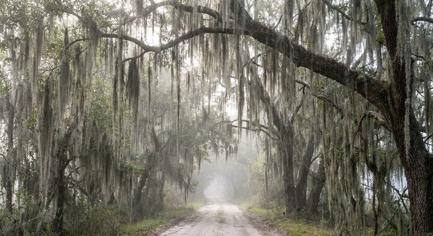 spanish moss oak trees along the lowcountry road from savannah to charleston