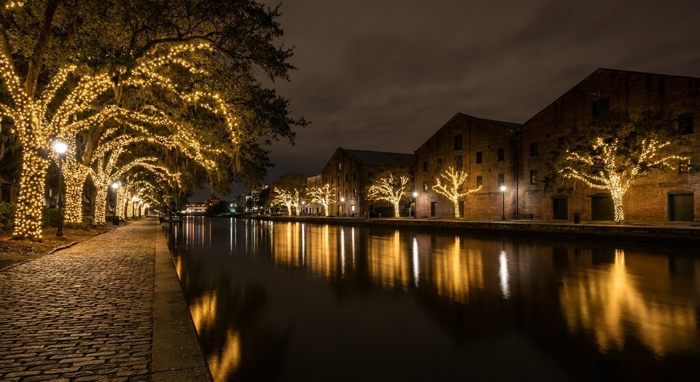 savannah-airport-shuttle-to-savannah-christmas-market-riverfront-lights