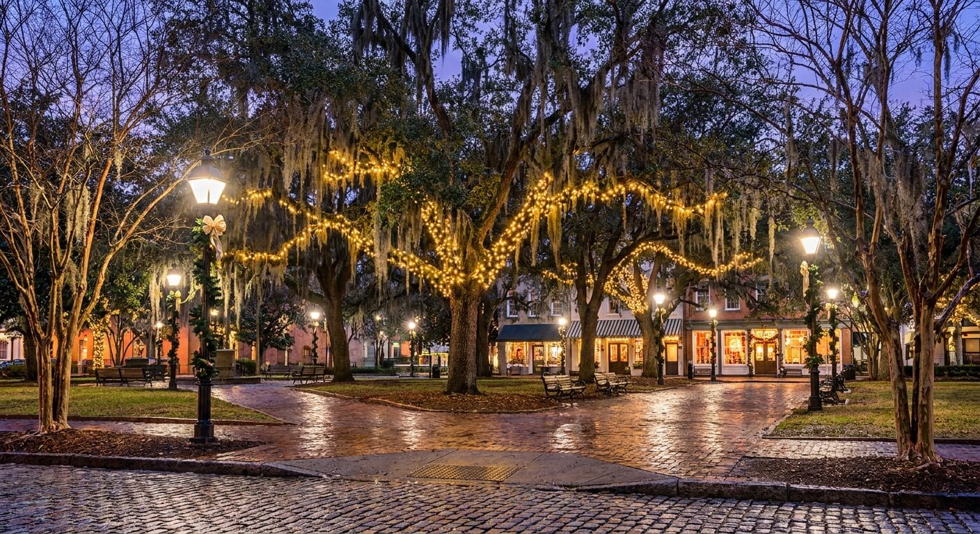 savannah-airport-shuttle-to-savannah-christmas-market-plant-riverside-evening