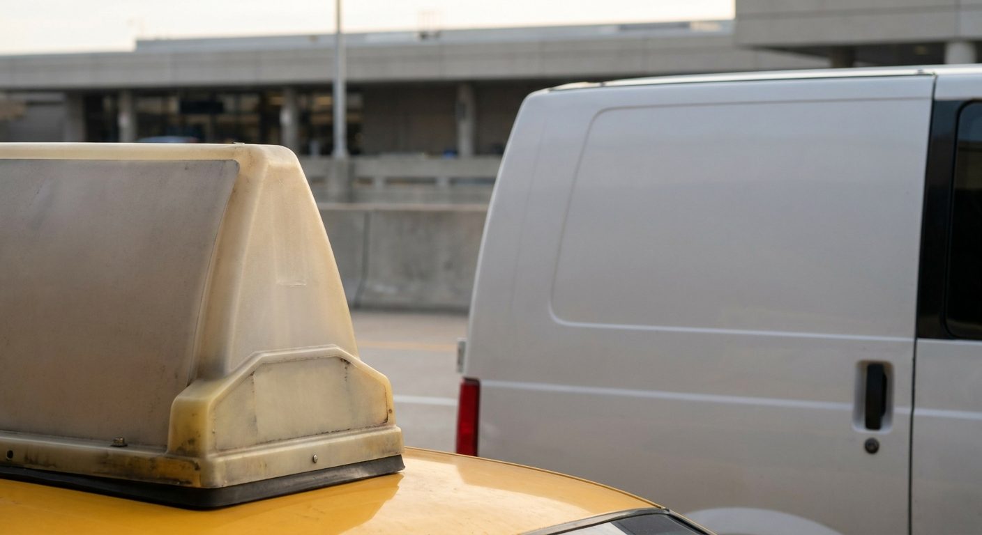 taxi-roof-light-next-to-shuttle-van-at-airport-curb